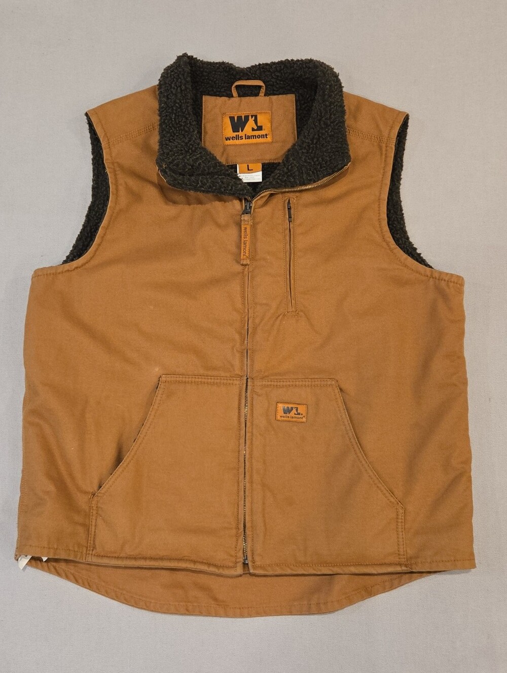 Wells Lamont Workwear Sherpa Lined Vest Canvas Full Zip Brown Men’s Large